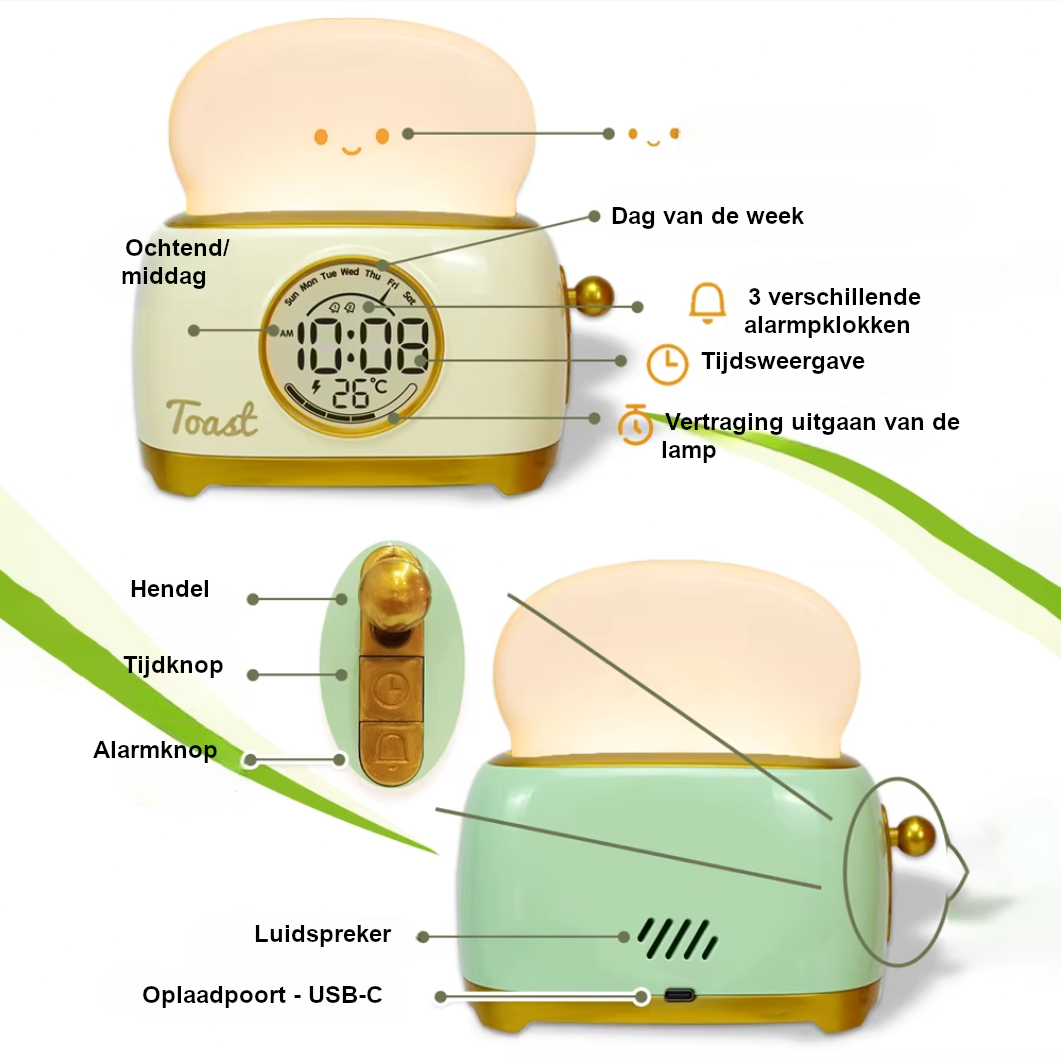 Toast Alarmklok met Nachtlampje